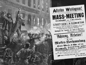 A magazine drawing of Haymarket; inset: A leaflet for the meeting